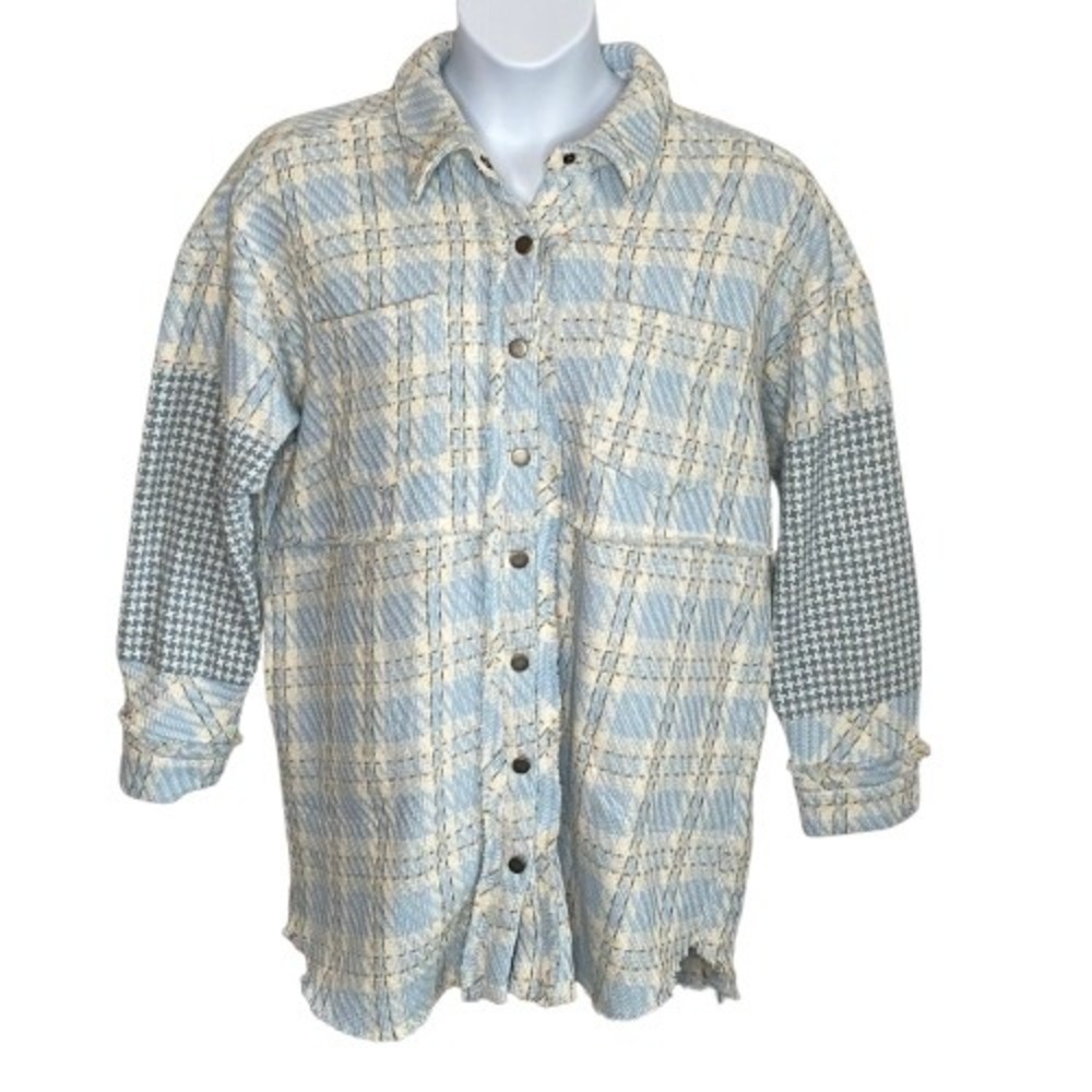 Fate Womens Oversized Plaid Shacket Jacket Size M Blue Houndstooth Granola Girl
